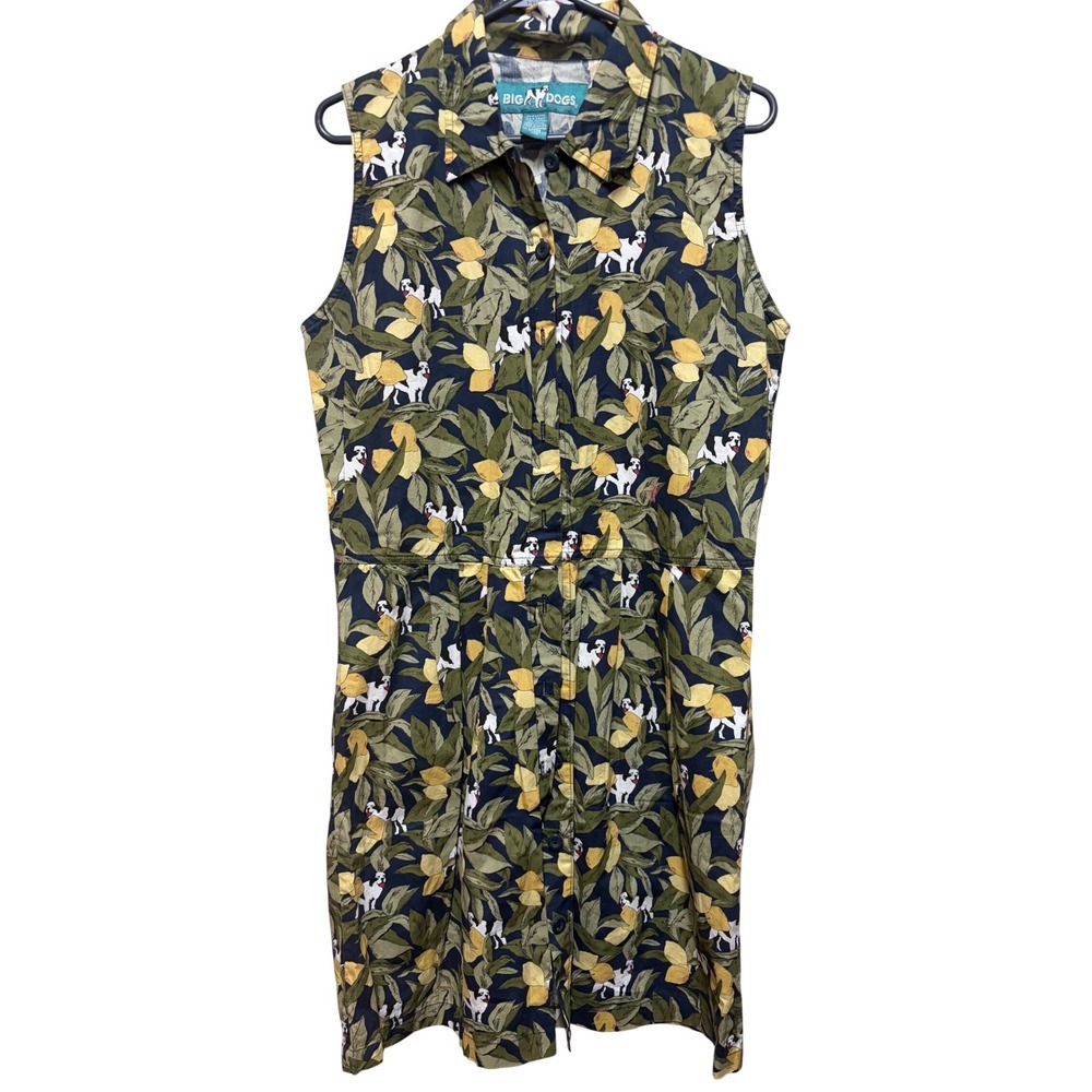 Big Dogs Womens Lemon & Dog Print Sleeveless Cotton Button Down Dress Navy Large